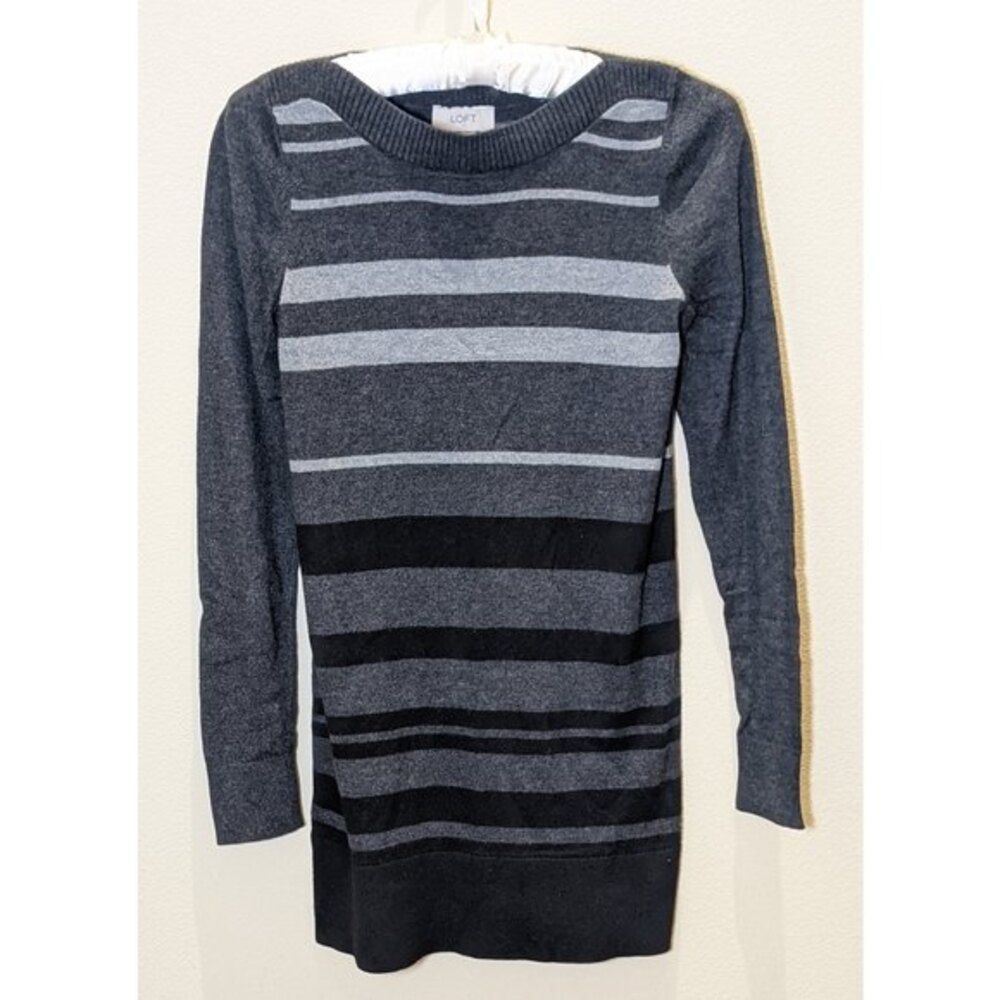 LOFT Striped Black & Grey Boat Neck Tunic Cotton Sweater